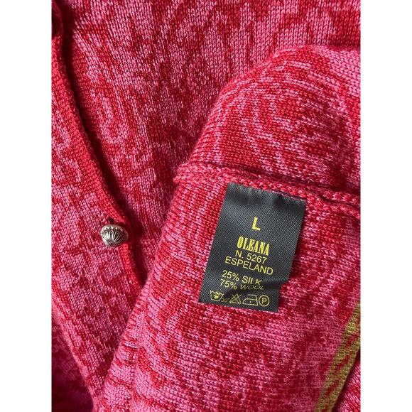 OLEANA Silk Wool Red & Pink Floral Sweater Cardigan Women's Size Large - Picture 2 of 4